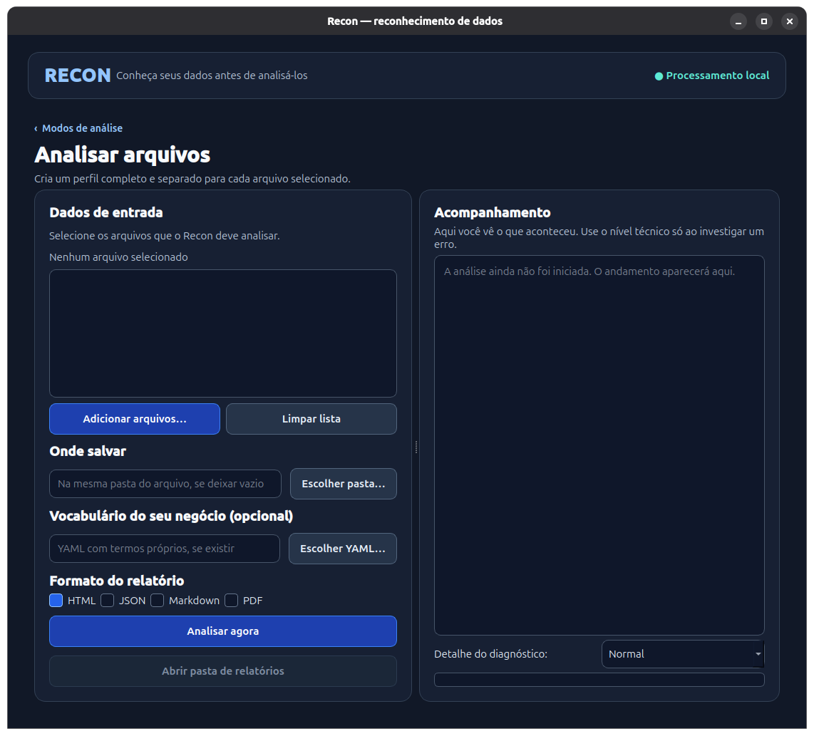 Interface do Recon para analisar arquivos e escolher formatos de relatório