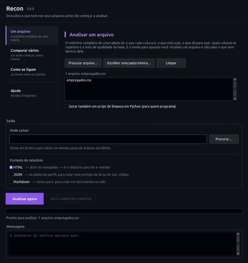 Menu interativo do Recon no terminal, opção Analisar um arquivo