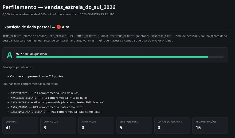Relatório de perfilamento com nota de qualidade A e alerta de exposição de dado pessoal